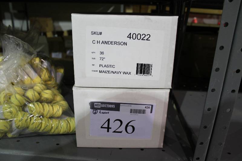 lot 426 image: Box Lot of (3) C.H.A. Hockey Laces 72 PlasticMaizeNavy Wax 36perBox.