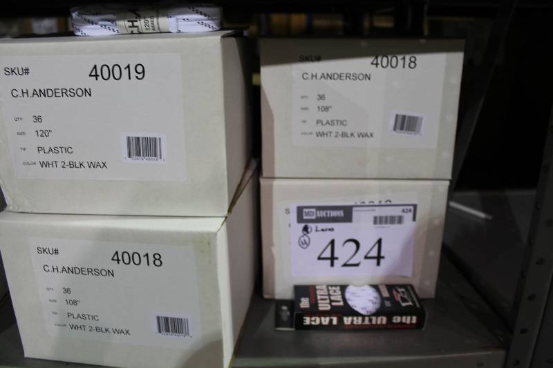 lot 424 image: Box Lot of (4) C.H.A. Hockey Laces 120 & 108 Plastic White wBlack 36perBox.