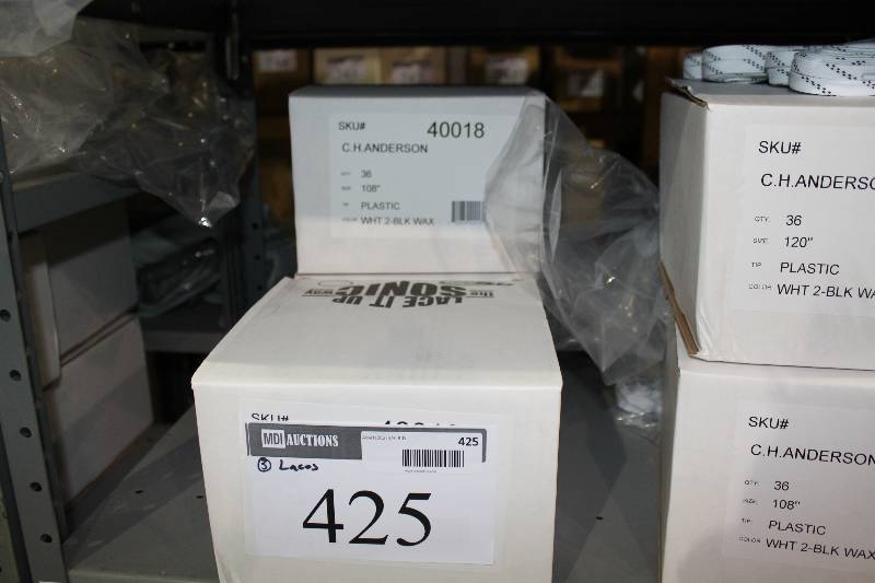 lot 425 image: Box Lot of (3) C.H.A. Hockey Laces 120 Plastic White wBlack 36perBox.