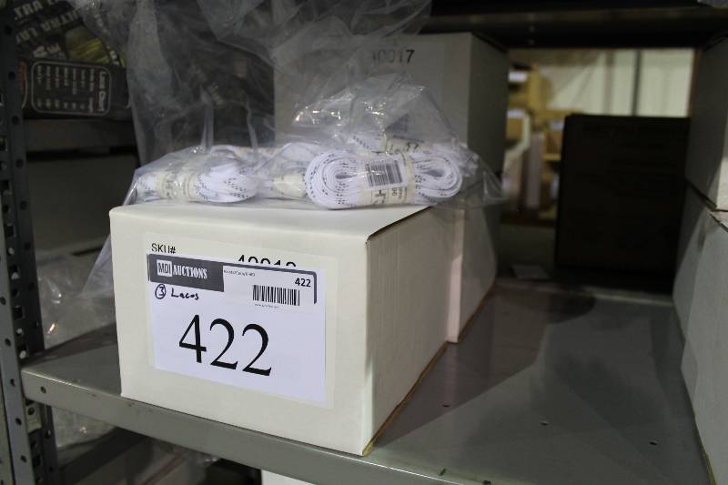 lot 422 image: Box Lot of (3) C.H.A. Hockey Laces 96 Plastic White wBlack 36perBox.