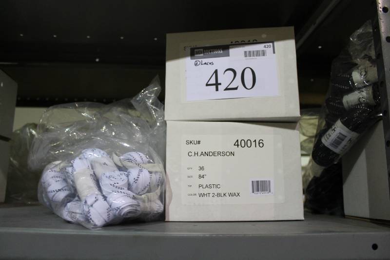 lot 420 image: Box Lot of (2) C.H.A. Hockey Laces Plastic White wBlack 36perBox.