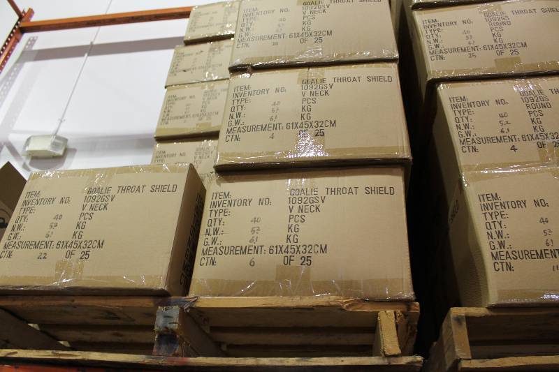 lot 20 image: Box Lot of (10) DG Goalie Throat Shields Clear app. 40perBox app. 400 Total.