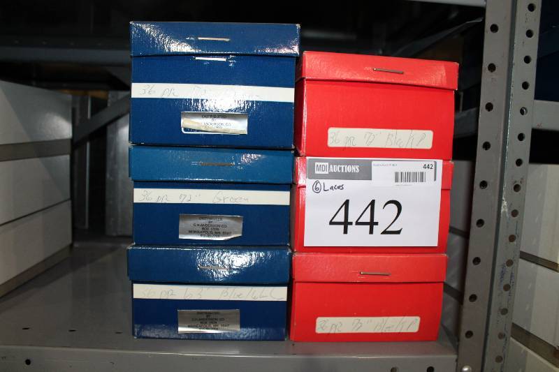 lot 442 image: Box Lot of (6) Shoe Laces Including 72 Neon Green 63 BlueWhite 84 Black. And More.