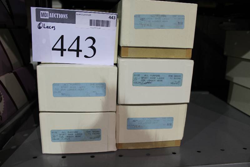 lot 443 image: Box Lot of (6) Shoe Laces 45 Neon Green 36 White And More app. 72pairsBox.