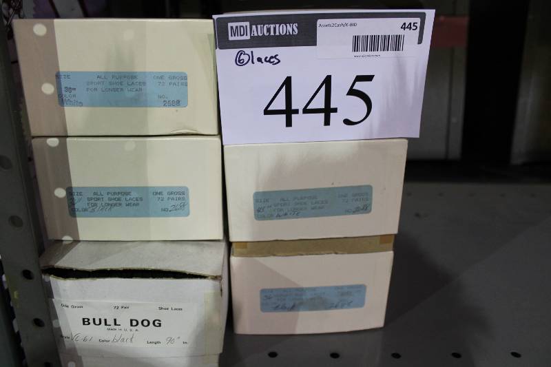lot 445 image: Box Lot of (6) All-Purpose Shoe Lace Black 36, White 36, White 45app. 72pairsBox.