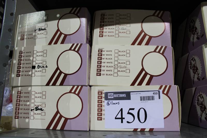 lot 450 image: Box Lot of (6) Blue 108 Hockey Laces 1 Pound Boxes.