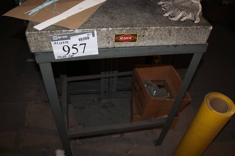 lot 957 image: Rahn Marble Top Work Table wMetal Base 18 x 24 x 34.