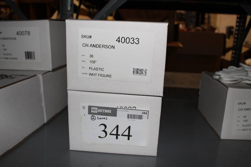 lot 344 image: Box Lot of (2) C.H.A. Hockey Laces 108 Plastic White 36perBox.