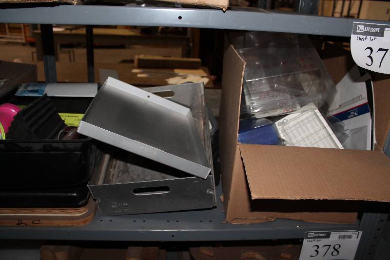 lot 377 image: Shelf Lot Including Paint Tray Black Chalk Plastic Spoon And More.
