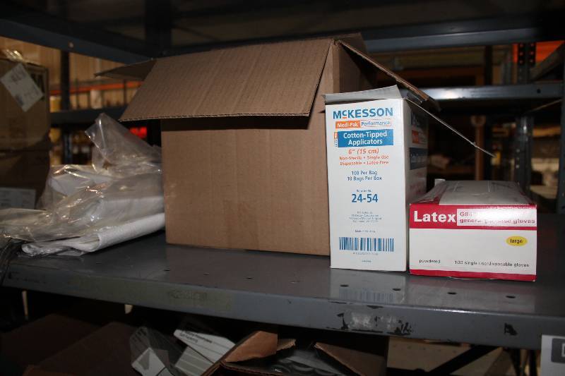 lot 371 image: Shelf Lot Including McKesson Cotton-Tipped Applicators Latex Gloves Metal Hardware And More.