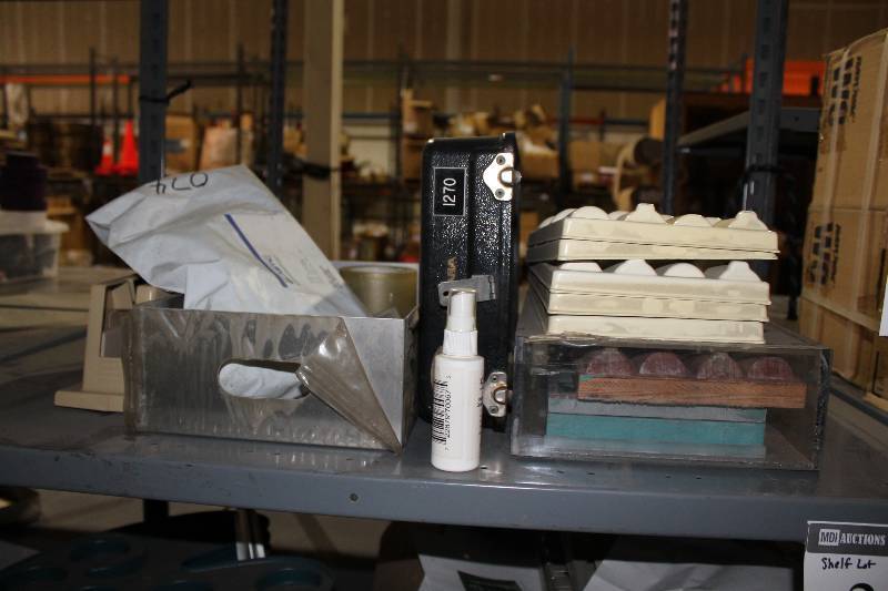 lot 380 image: Shelf Lot Including Metal Container wHandle Holes Plastic Molds And More.
