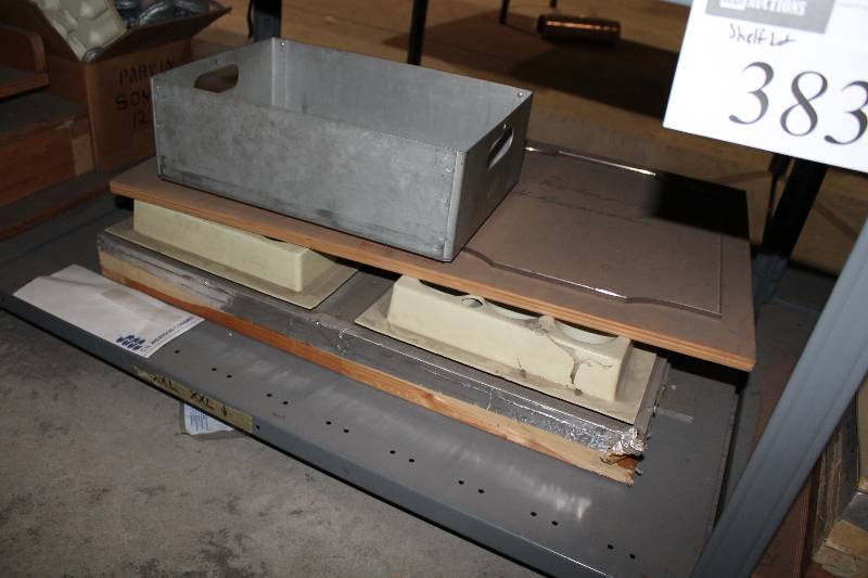 lot 383 image: Shelf Lot Including Metal Container wHandle Holes Plastic Molds And More.