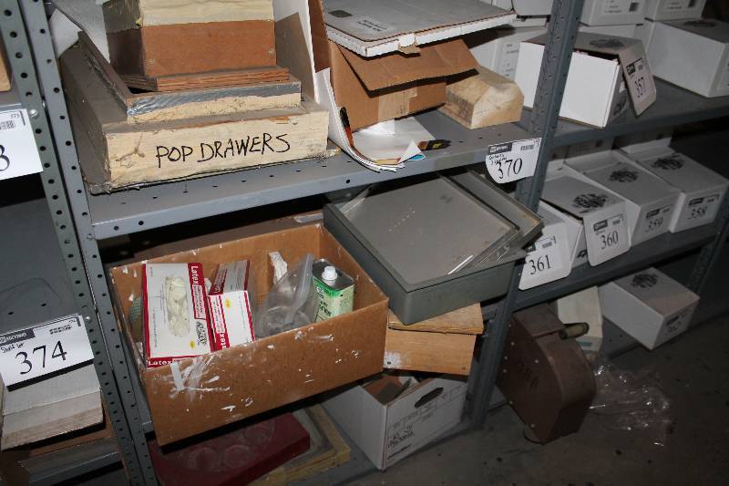 lot 370 image: Contents of (3) Shelves Including Paint Tray Molds Boxes wMiscellaneous Supplies And More.