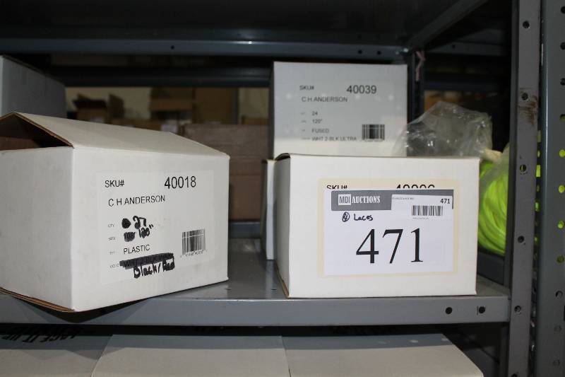 lot 471 image: Box Lot of (4) C.H.A. Hockey Laces 120 White -2 Black Ultra BlackRed Fused app. 24perBox.