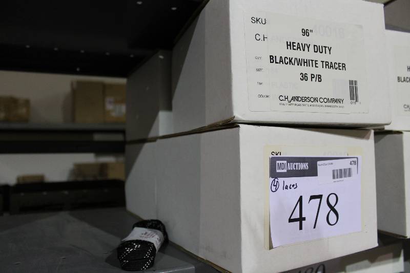 lot 478 image: Box Lot of (4) C.H.A. Heavy-Duty BlackWhite Tracer Laces, 96 36perbox.