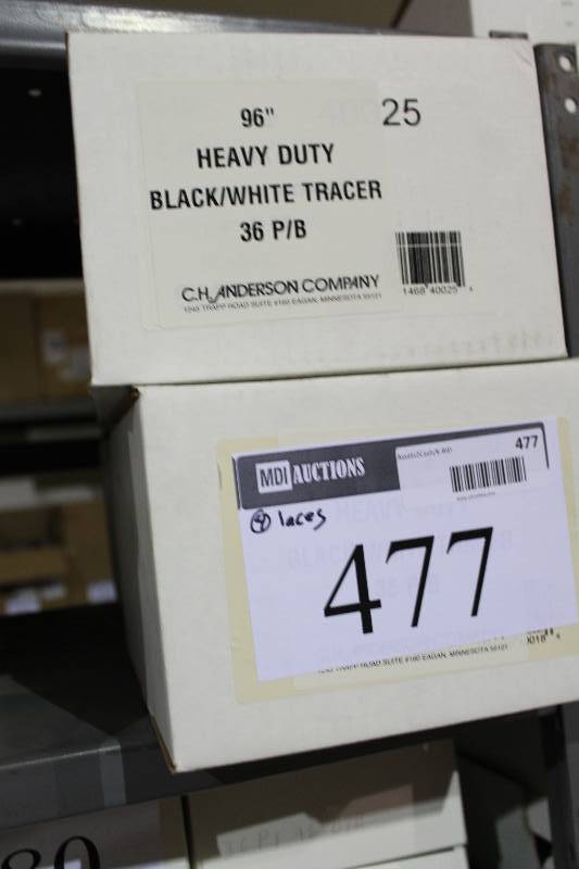 lot 477 image: Box Lot of (4) C.H.A. Heavy-Duty BlackWhite Tracer Laces, 96 36perbox.
