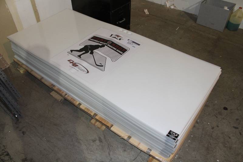 lot 107 image: Pallet of Port-A-Shot Portable Hockey Shooting Board app. 80 boards 70 x 30.5.