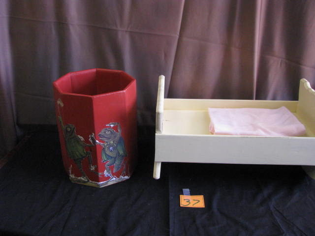 wooden items one yellow doll rocker and red waste can