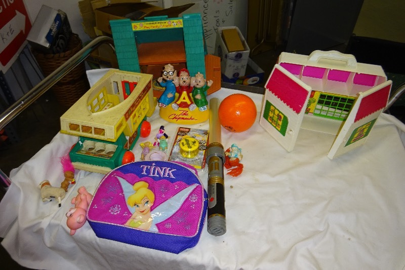 lot 117 image: Fisher price a frame, doll house ball, tinker bell bag, yo yo, fisher price camper