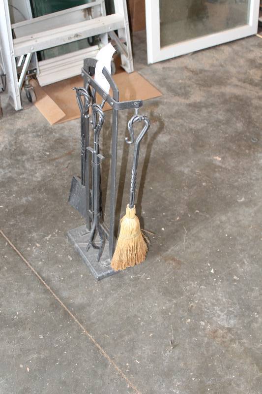 lot 34 image: Fireplace Lot Including Metal Stand Broom Poker Shovel And More.
