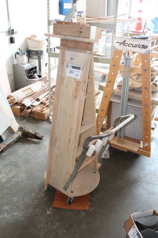 lot 40 image: Custom Wooden Cart wMetal Push Handle & Wooden Triangular Shelving Unit wHanger Wheels PVC Pipe Holders 23 x 21.5 x 59.