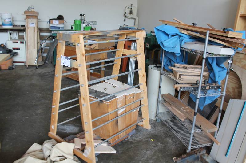 lot 29 image: Wooden Spool Rack wWooden Base & Metal Spool Holders Includes Contents 23 x 39 x 54.