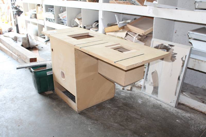 lot 32 image: Custom Wooden Work Shop Table wLower Shelf & Opening Hole 28 x 72 x 37.5.