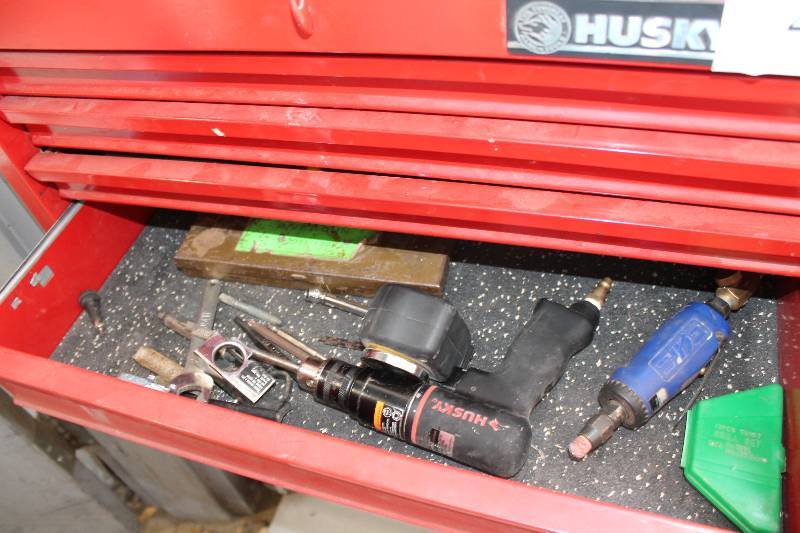 lot 46 image: Contents of Bottom Shelves (4) Including Metal Wrenches wSocket Ends Metal Grips Air Tools And More.