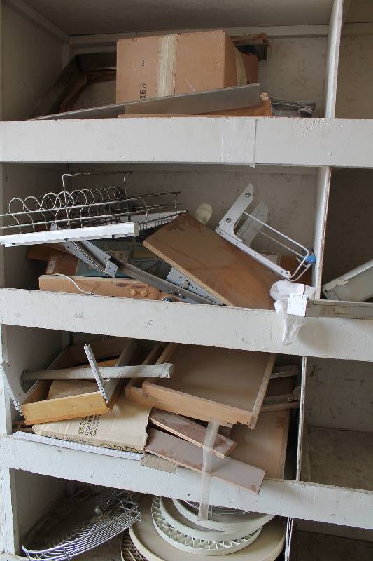 lot 23 image: Contents of Shelves (4) Including Circular Plastic Grates Rockler Hardware Metal Fan Screen And More.