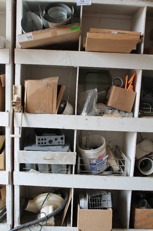 lot 25 image: Contents of Shelves (8) Including Bucket of Metal Hardware Metal Screws Plastic Tubing And More.