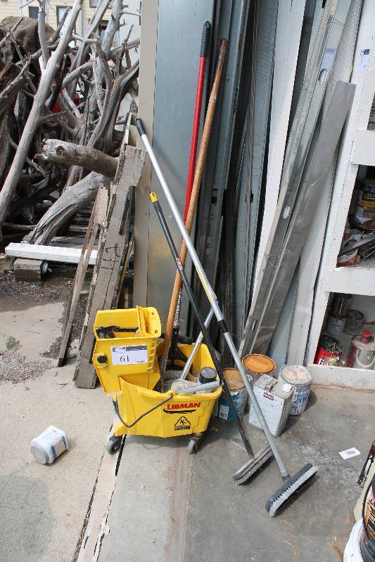 lot 61 image: Cleaning Lot Including Mop Bucket Brooms (2) Miscellaneous Hardware And More.