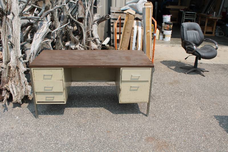 lot 57 image: Lot of (2) Including Office Desk wWood Style Top & Metal Base, Multiple Drawers Office Chair wLeather Style Upholstery & Arm Rests 30 x 60 x 29.