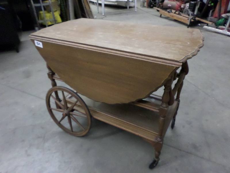 lot 154 image: Antique Rolling Wooden TableCart W...