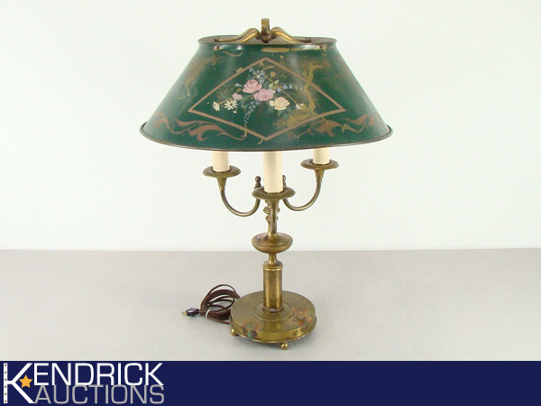 lot 27 image: Antique 3-Light Brass Lamp with Metal Painted Brass Shade
