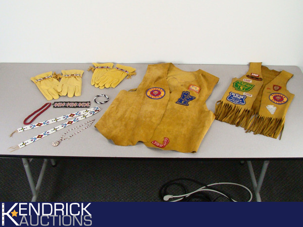 lot 83 image: Lot of Hand Made Vintage American Indian Leather Clothing, and Beaded Jewelry