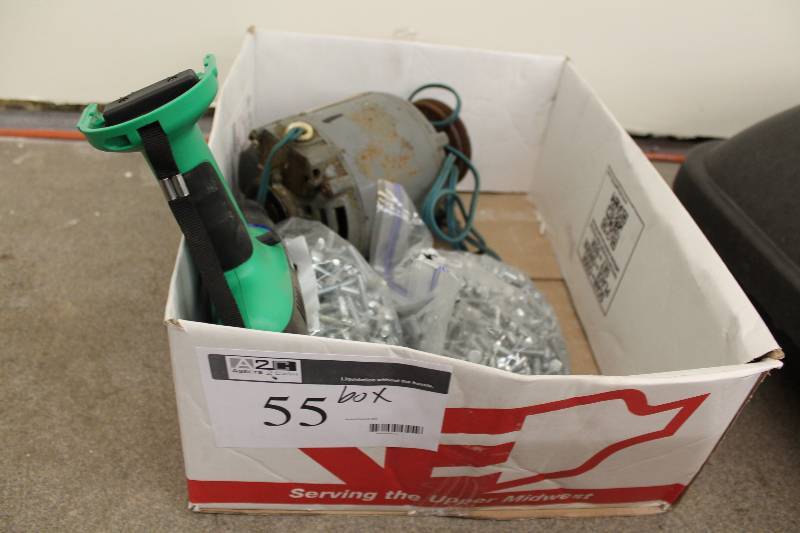 lot 55 image: Box Lot Including Stout Power Drill Bag Of Bolts Dayton Split Phase A.C. Motor And More.