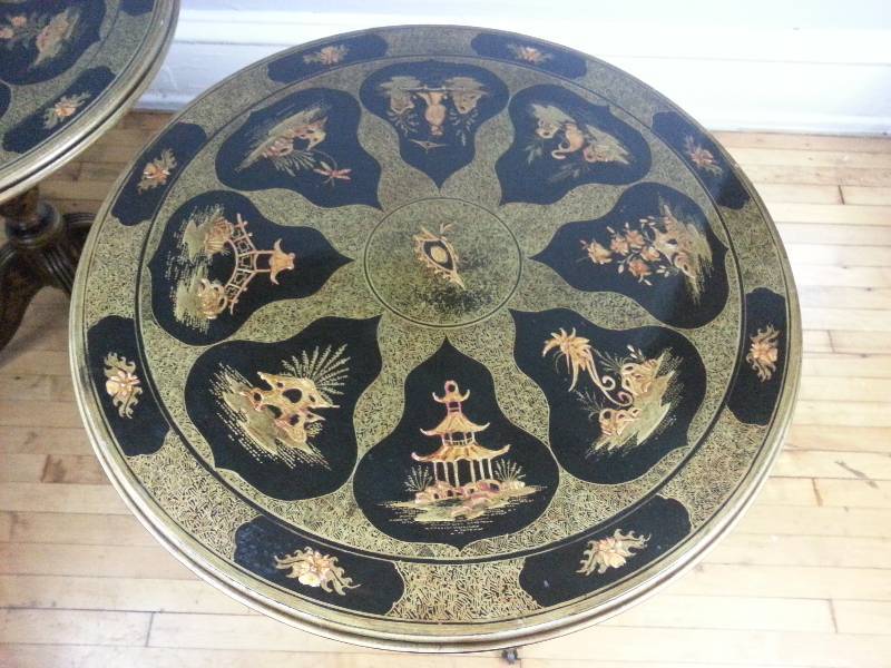 Pair of Oriental Quatrefoil Victorian Round Side Tables