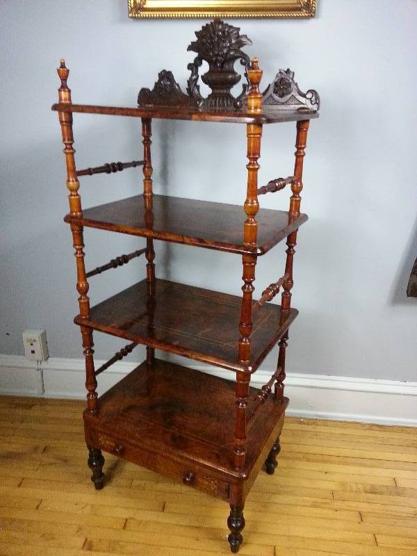 English 1850s Victorian Whatnot Shelf feat. Rare Drawer
