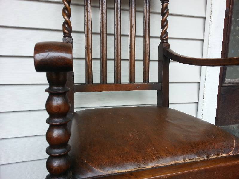 Edwardian Solid Oak & Leather Barley Twist Armchair