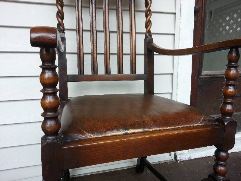 Edwardian Solid Oak & Leather Barley Twist Armchair