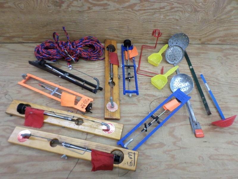 lot 22 image: Box Of Misc Ice Fishing Tip-Ups, Ro...