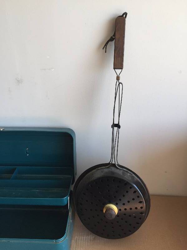lot 14 image: ANTIQUE TACKLE BOX, CAMPFIRE POPCORN POPPER, TENNIS RACKETS