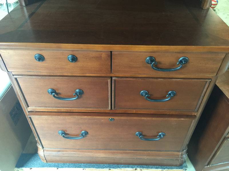 lot 6 image: Dark Stain Curio Cabinet with Storage Drawers and 2 Drawer File Cabinet