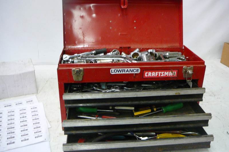 lot 35 image: Craftsman Tool Box with Tools Sockets Ratchets Wrenches Screw Drivers Plyers