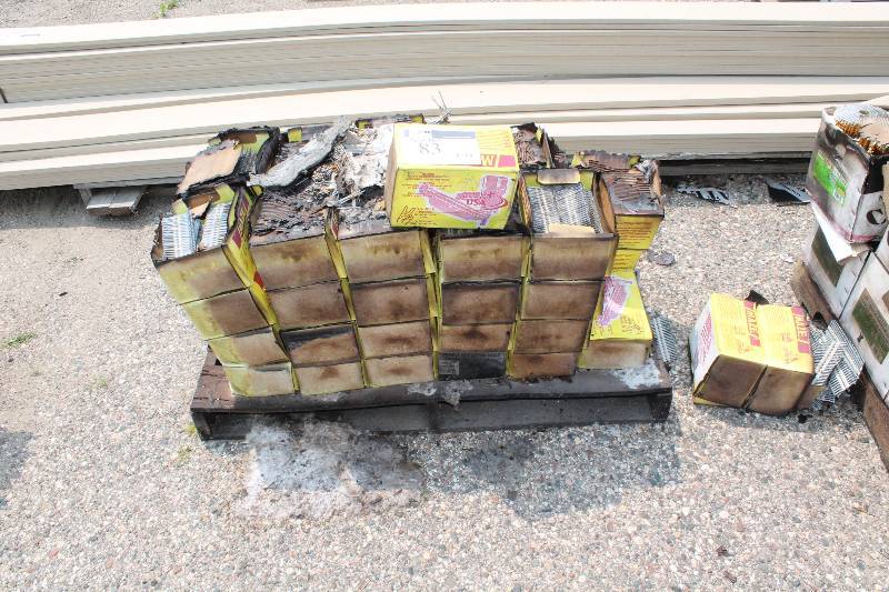 lot 83 image: Pallet Lot of Nails Including Maze Stafda Brand Nails Boxes Have Smoke Damage.