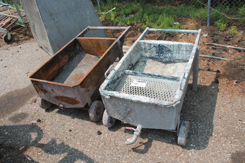 lot 96 image: Lot of (2) Push Carts wHandles, Wheels & Base Drain Holes One Includes Screen Tray & Shut-Off Spiget at Base 52 x 30 x 22.