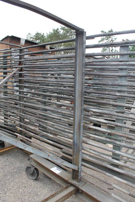 lot 120 image: Large Metal Racking Units wWheels Pole Shelves On Both Sides For SidingTubing Storage 94 x 80 x 90.