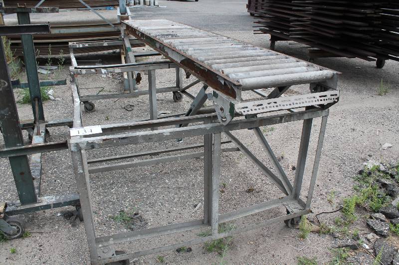 lot 134 image: Lot of (2) Metal Conveyor Belt Tracks wStands & Wheels 30 x 62 x 56.
