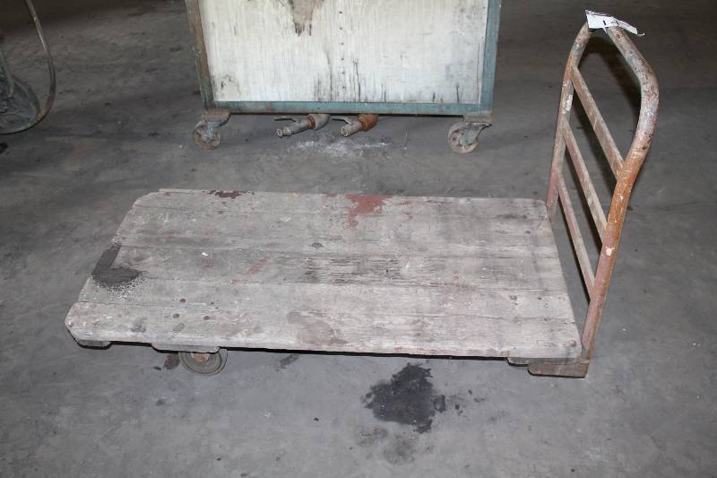 lot 141 image: Lot of (3) Push Carts wFlat Bottoms & Metal Push Handle 54 x 29 x 36 Contents Not Included.