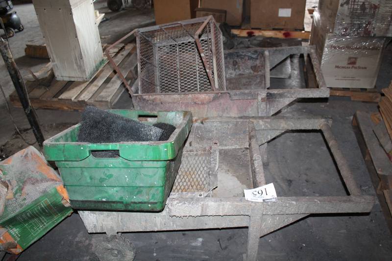 lot 165 image: Lot of (2) Pull-Carts wBucket Ends & Metal Insert Trays 52 x 30 x 25 Includes Miscellaneous Contents.